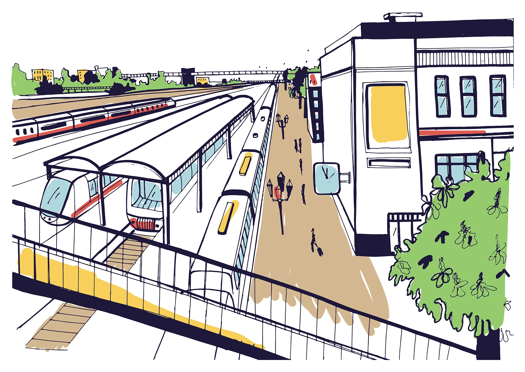 sketch of road community train walkers